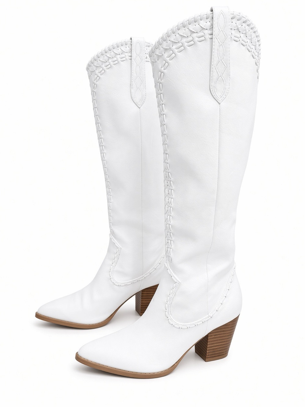 White Women's Western Knee-High Boots - Stylish Cowboy Block Heel